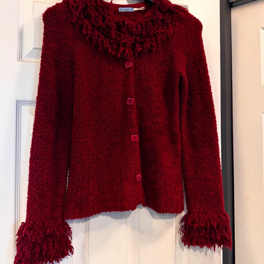 Chenille Cardigan in Deep Red w/Decorative Chenille Collar & Cuffs, Sq Buttons
